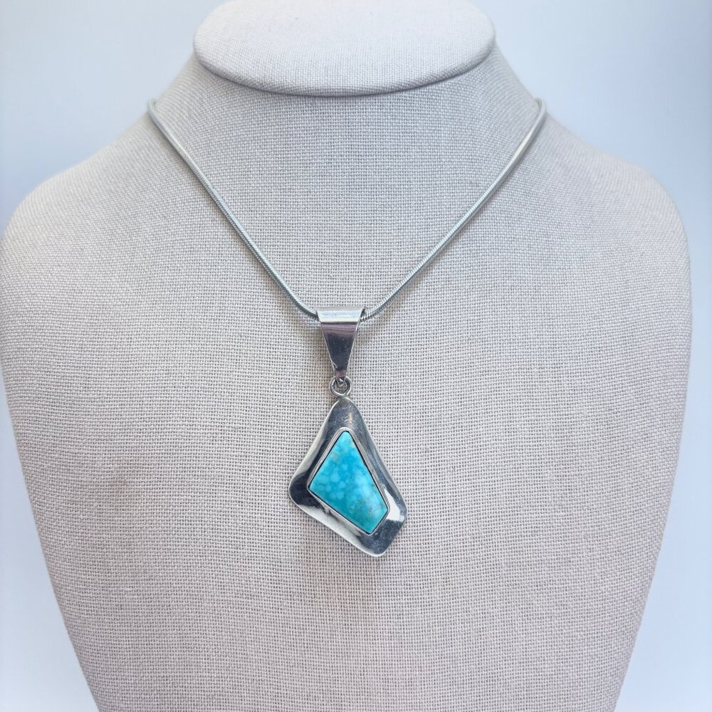 Turquoise Bezel Set Pendant Necklace VTG Sterling Silver 925 Size 18" Length